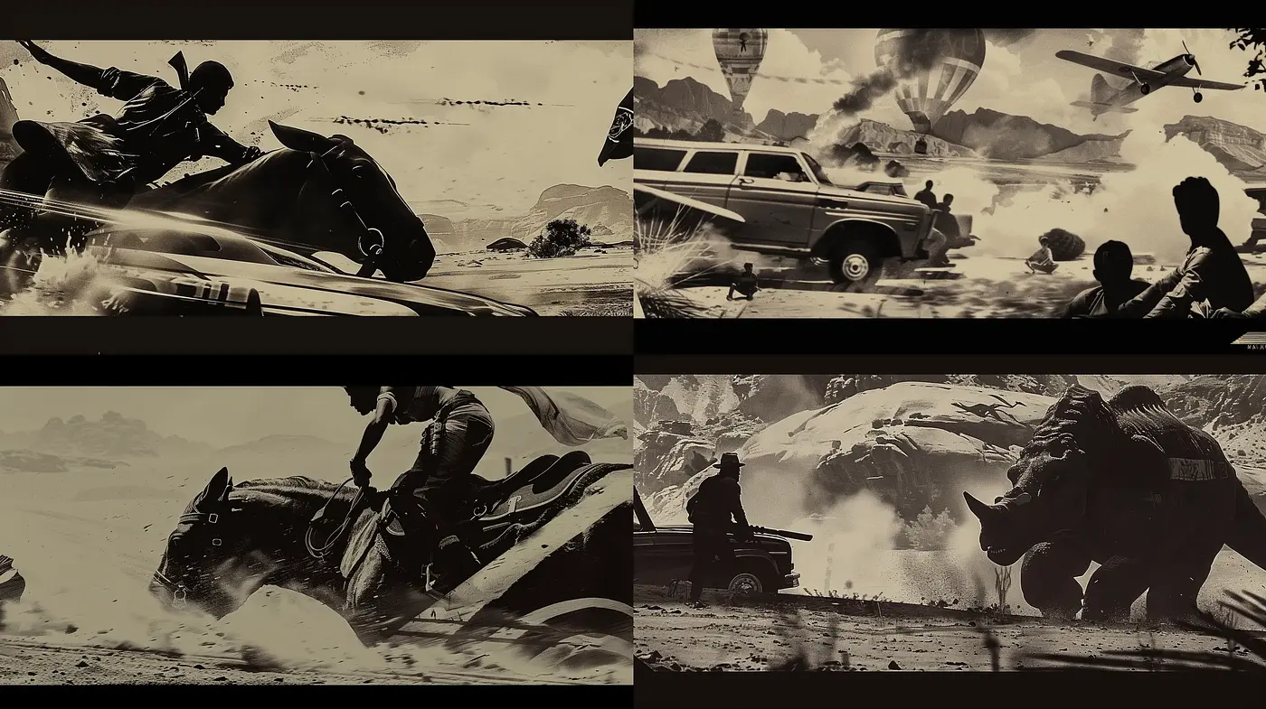 Sepia-Toned Dynamic Action Sequence - Midjourney sref style