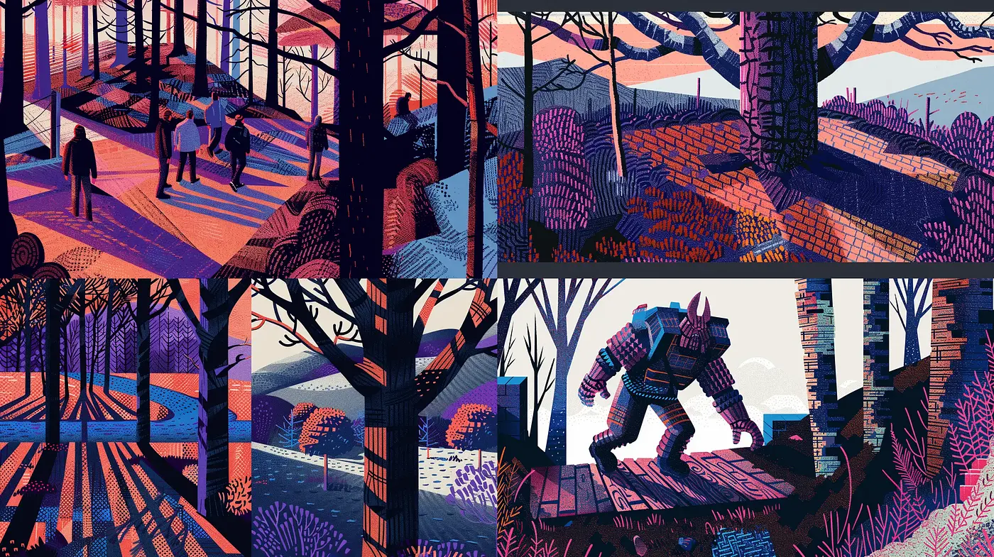 Twilight Hues and Stylized Nature: A Harmonious Blend of Color and Form - Midjourney sref style