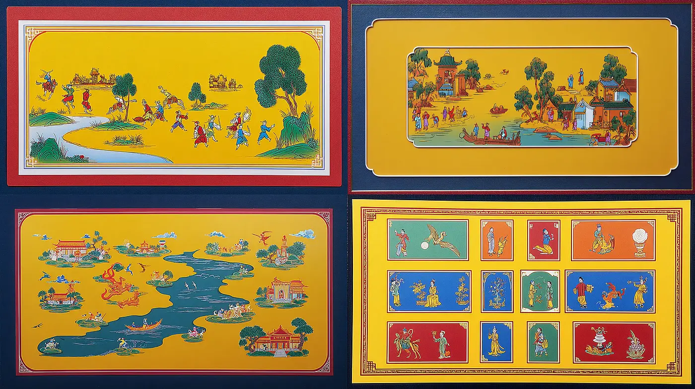 Vibrant Traditional Narrative Art with Playful Scenes - Midjourney sref style