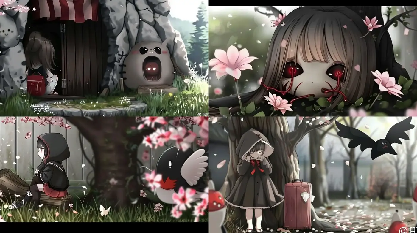 Melancholic Pastoral Scenes with Anime Influences and Dark Undertones - Midjourney sref style