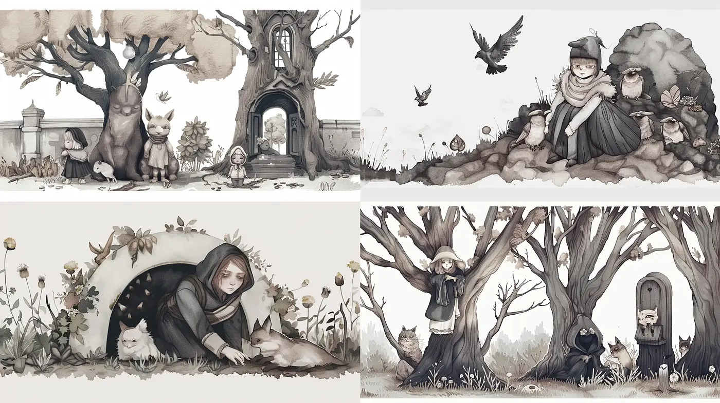 Whimsical Sepia-Toned Storybook Illustrations - Midjourney sref style