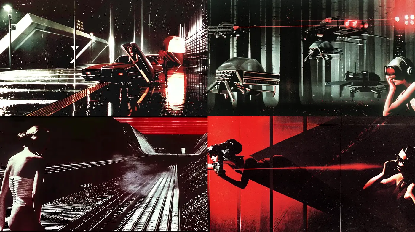 Futuristic Noir Elegance: A Synthesis of Cinematic Shadowplay and Crimson Ambiance - Midjourney sref style