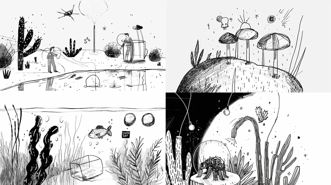 Whimsical Black and White Illustrations with Nature Themes - Midjourney sref style