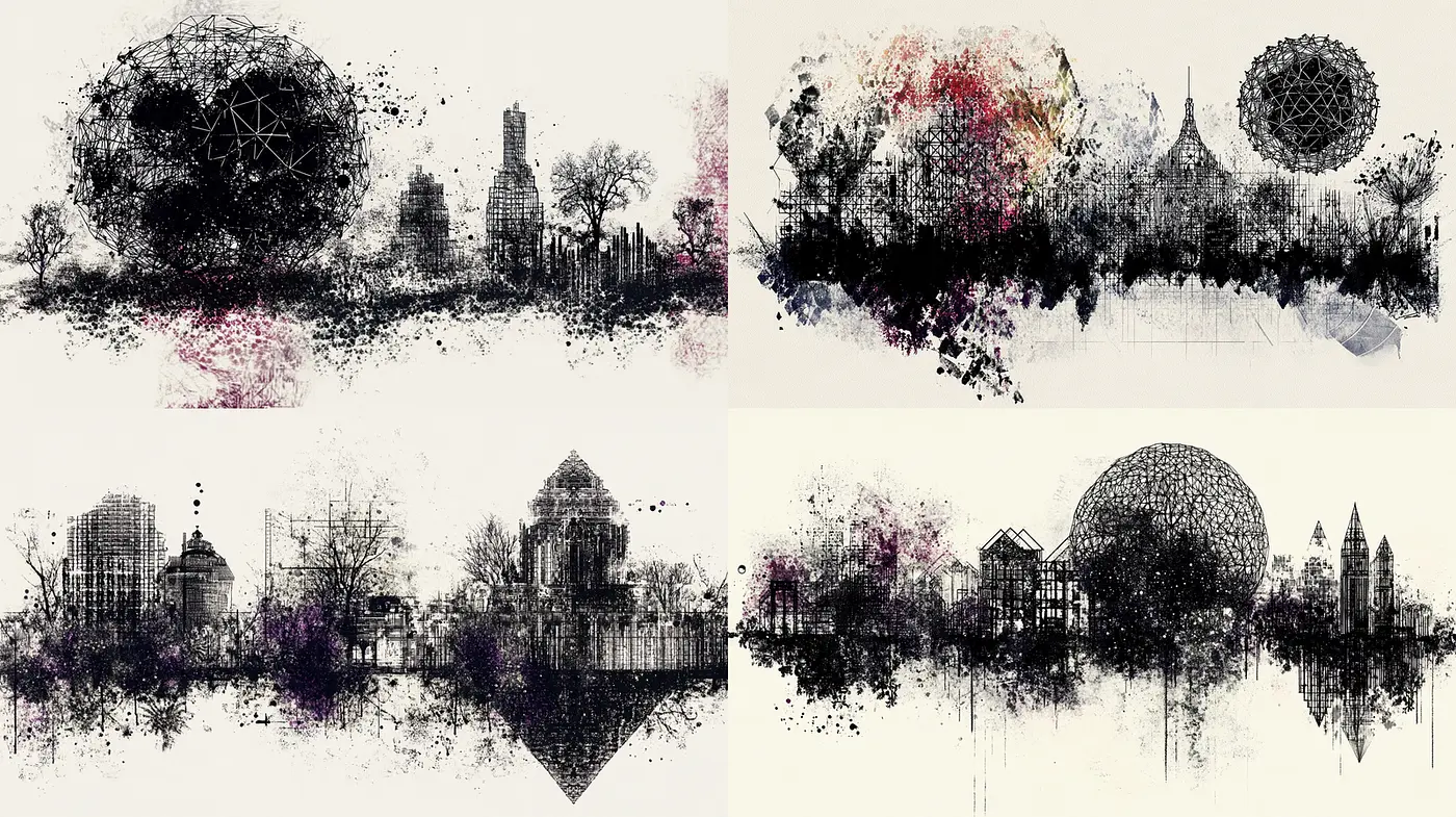 Intricate Black and White Urban Landscapes with Abstract Elements - Midjourney sref style