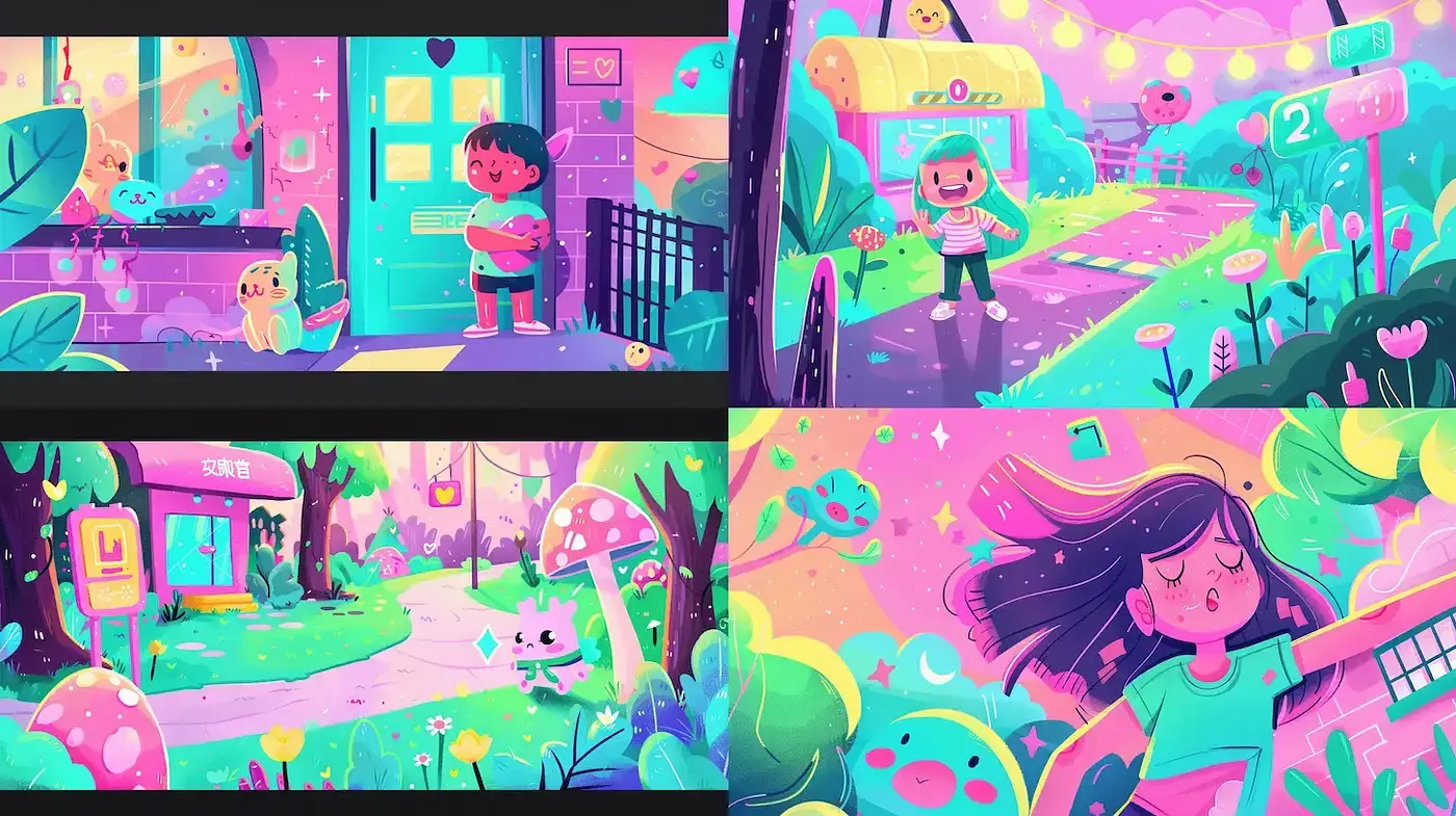 Whimsical and Vibrant Fantasy Environment with Nostalgic Undertones - Midjourney sref style