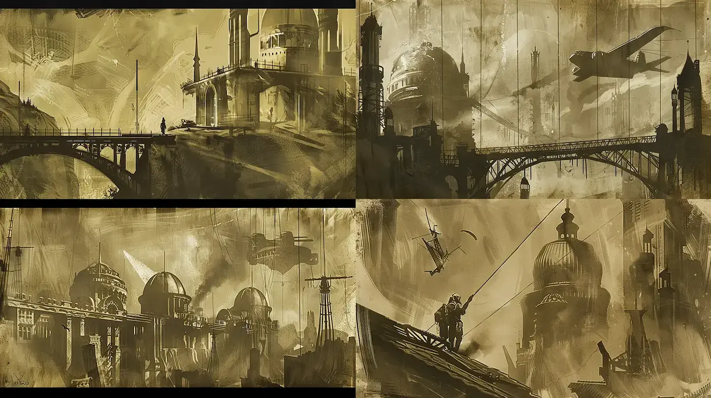 Steampunk-inspired atmospheric landscapes with a vintage aesthetic - Midjourney sref style