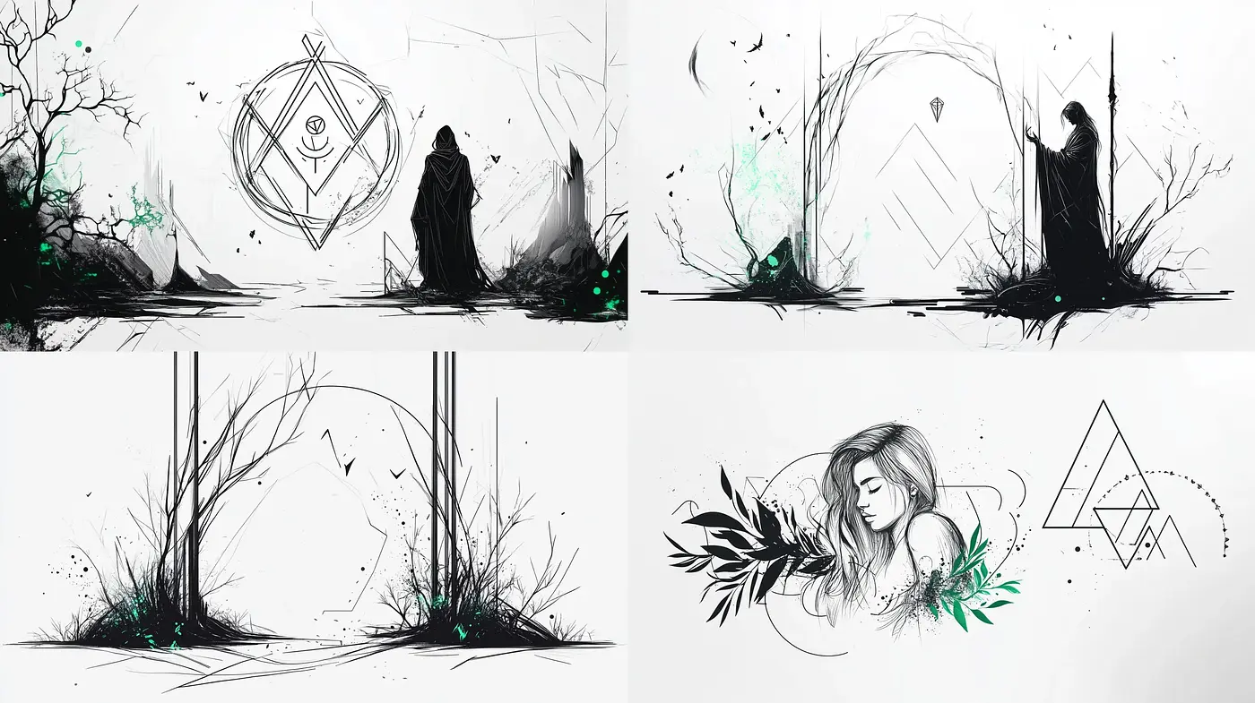 Intricate Monochrome Dreamscape with Ethereal Green Accents - Midjourney sref style