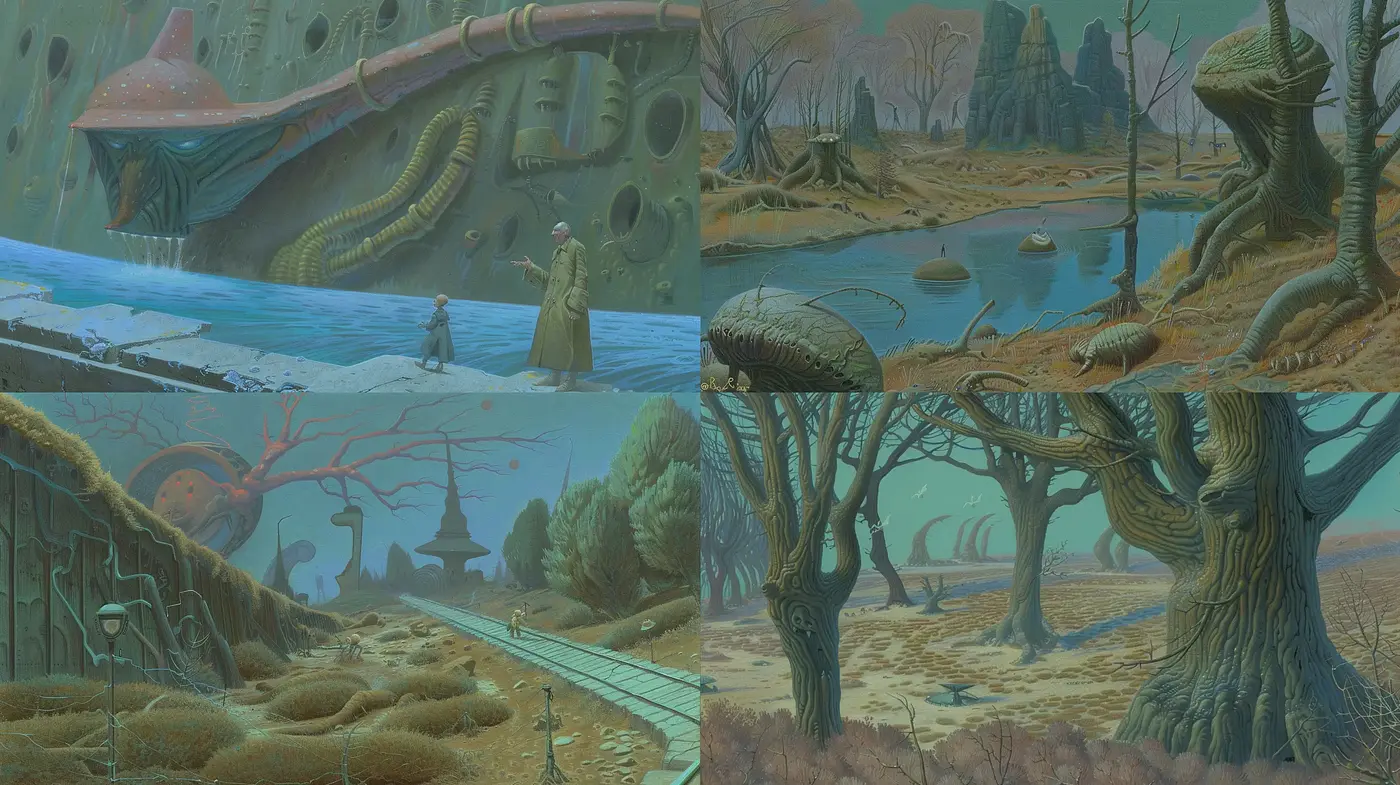 Ethereal Dreamscapes: A Synthesis of Surreal and Organic Elements Melding in a Vintage Palette - Midjourney sref style