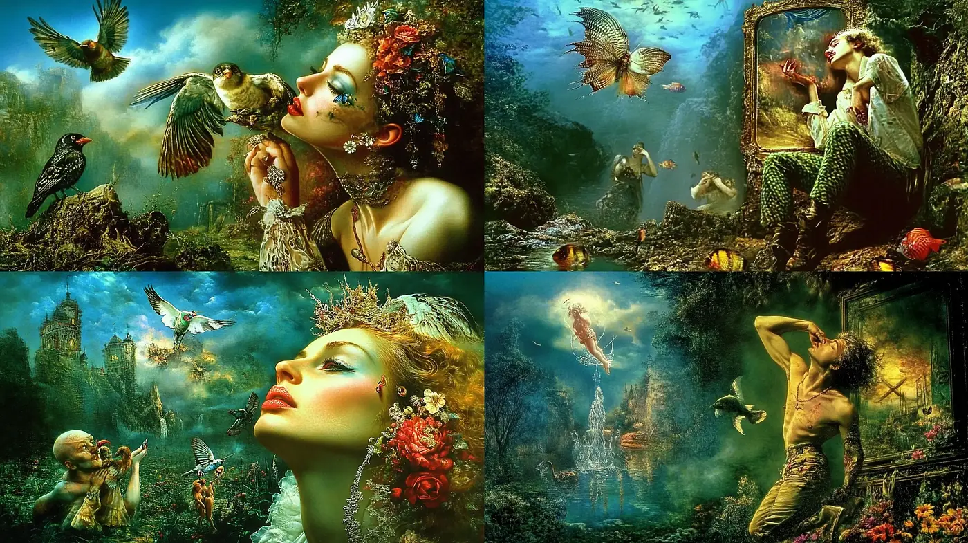 Enchanted Verdant Dreamscape: A Lush Fusion of Fantasy and Surrealism - Midjourney sref style
