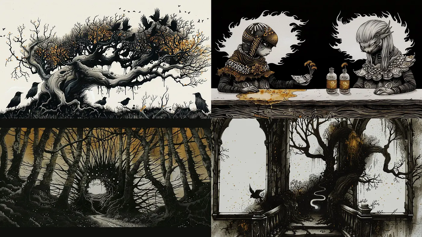 Ethereal Monochrome Fantasia: A Journey Through Stark Contrast and Whimsical Shadows - Midjourney sref style