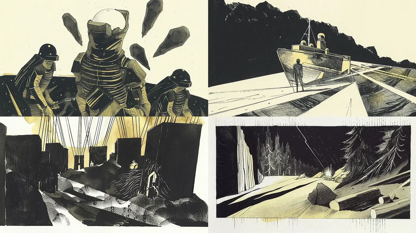 Monochromatic Narrative Vignettes with Graphic Novel Appeal - Midjourney sref style