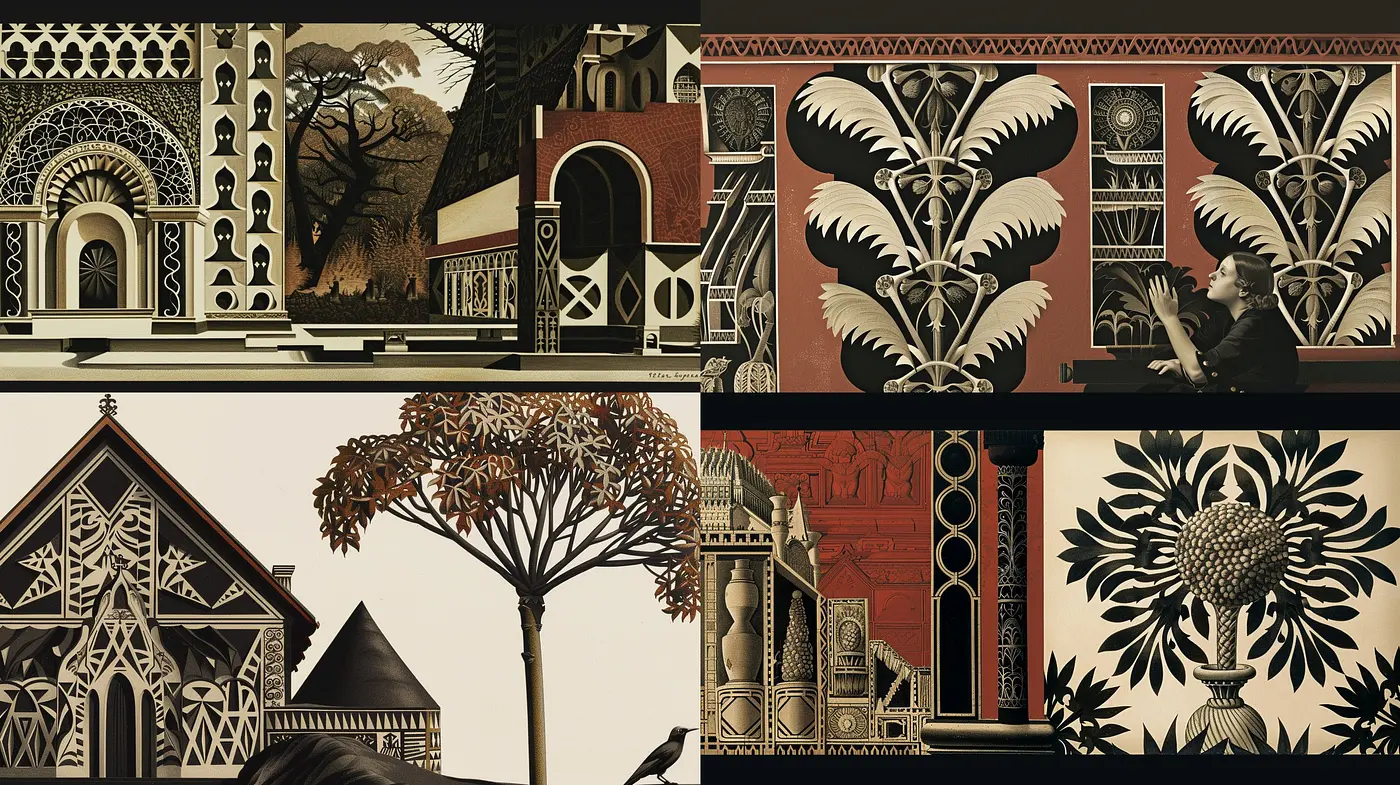 Monochromatic Architectural Elegance in Stylized Art Deco - Midjourney sref style