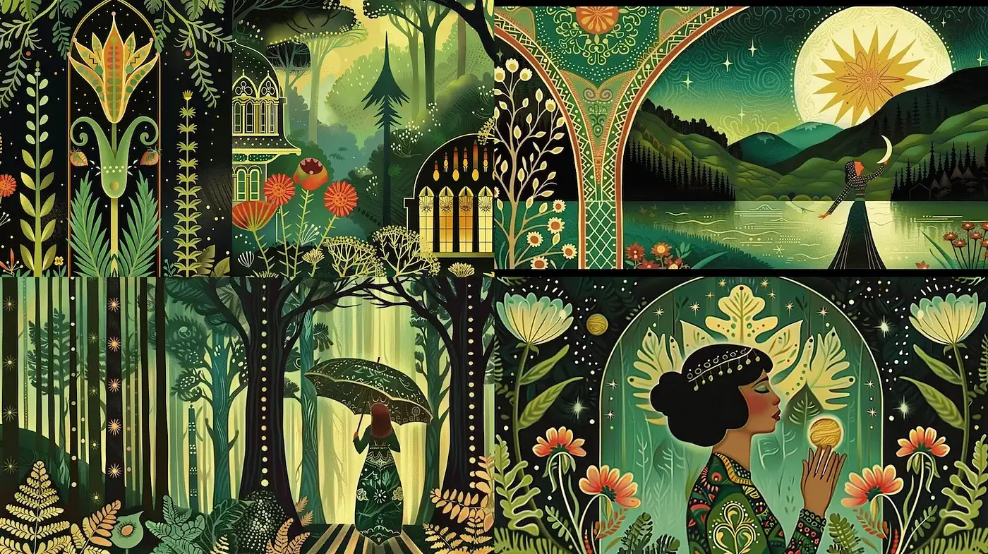 Whimsical and Enchanting Nature-inspired Illustration Style - Midjourney sref style