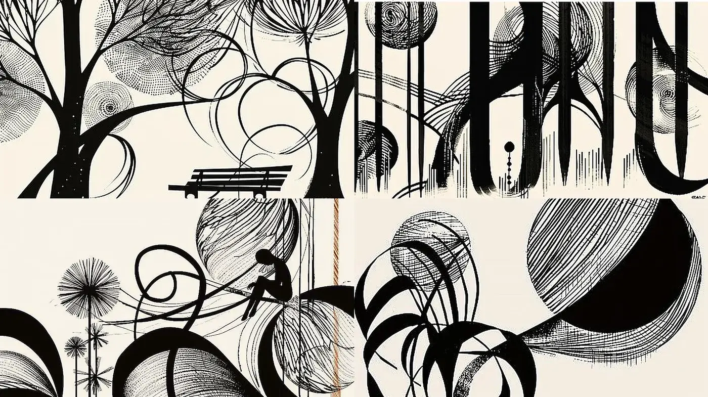 Whimsical Line Art with a Monochromatic Aesthetic and Organic Shape Motifs - Midjourney sref style