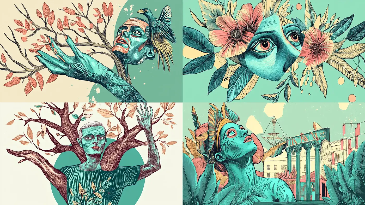 Ethereal Nature Meld with Human Form in Surrealist Illustrations - Midjourney sref style