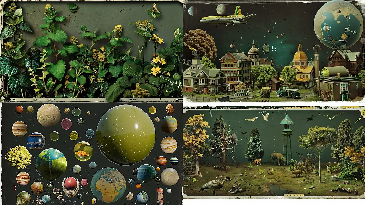 Whimsical, detailed representations of fantastical landscapes and cosmic elements - Midjourney sref style