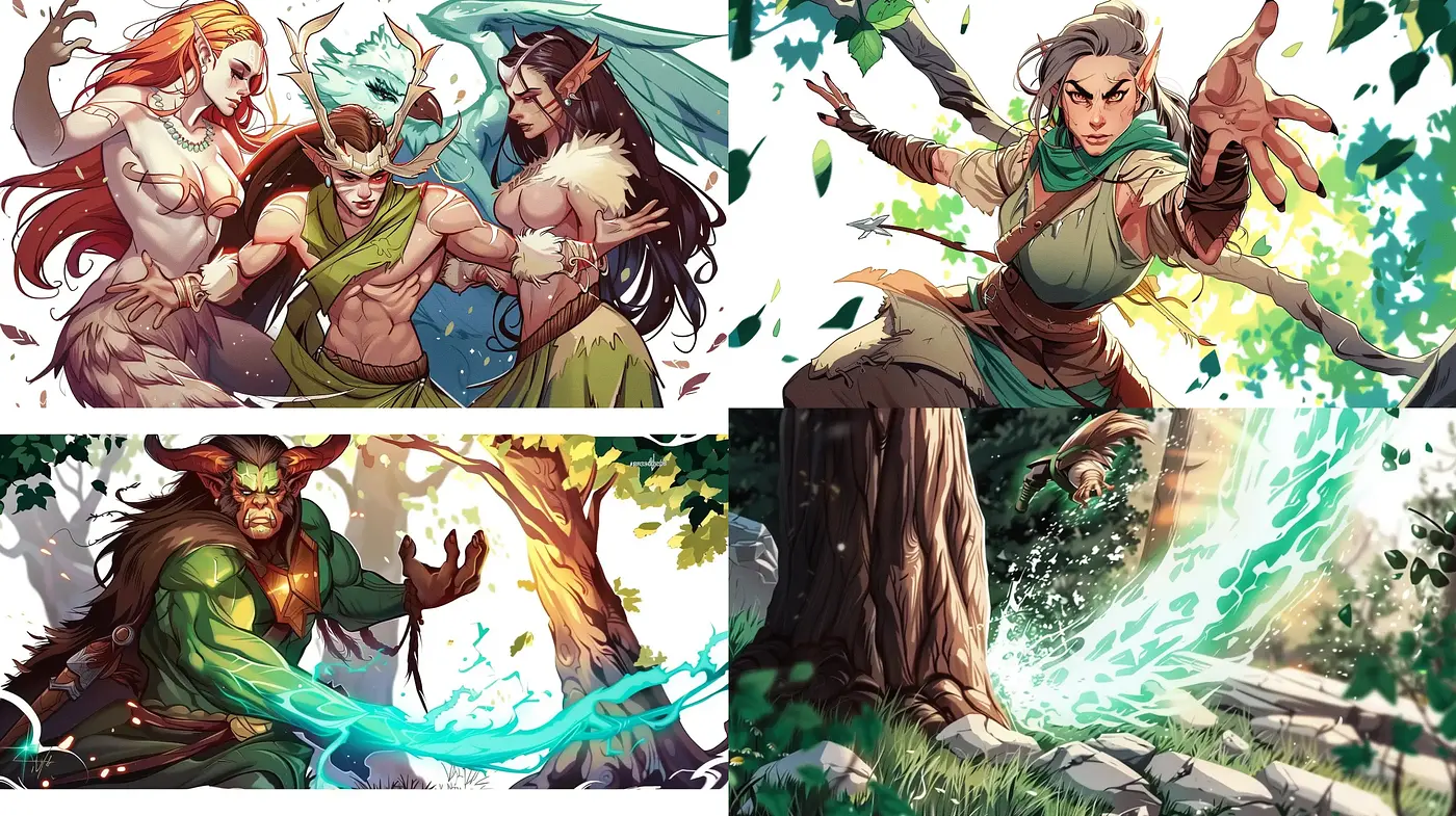 Enchanting Fantasy Artwork with Dynamic Movement and Earthy Tones - Midjourney sref style