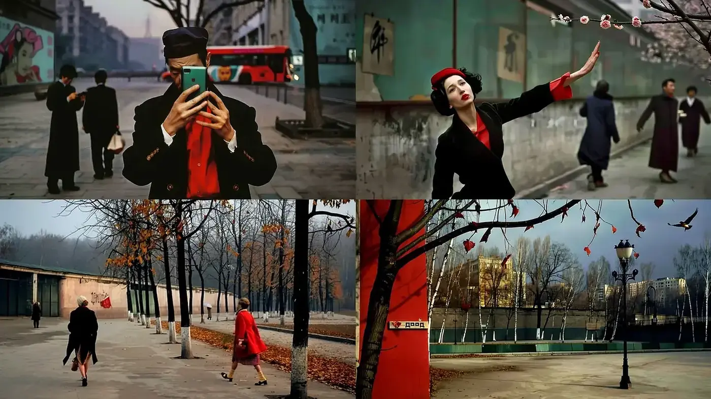 Melancholic Urban Elegance: A Cinematic Exploration in Maroon and Teal - Midjourney sref style