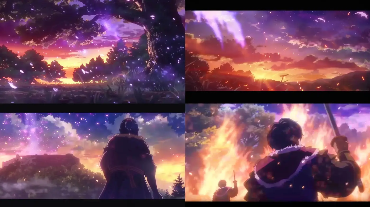 Ethereal Skies and Silhouetted Figures: A Homage to Anime Twilight Tableaus - Midjourney sref style