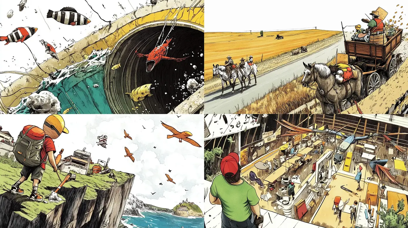 Dynamic Illustrative Adventure with a Pen and Ink Base - Midjourney sref style
