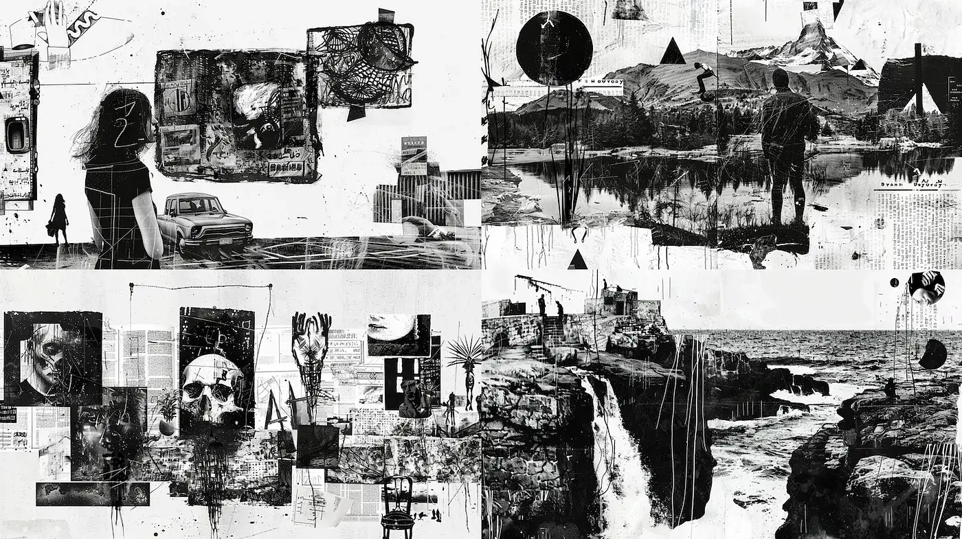 Monochromatic Mixed Media with a Gritty, Urban Aesthetic - Midjourney sref style