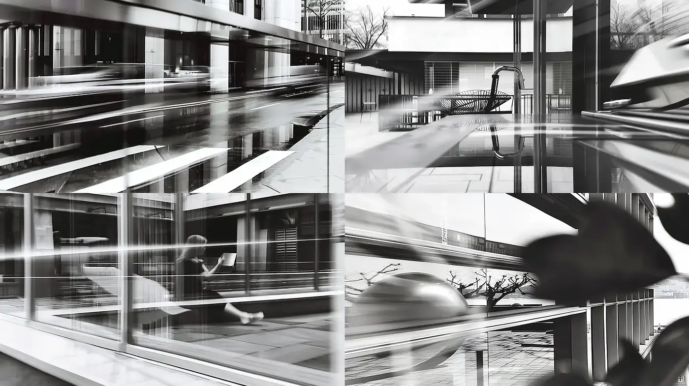 Dynamic Monochromatic Urban Compositions with a Modernist Influence - Midjourney sref style
