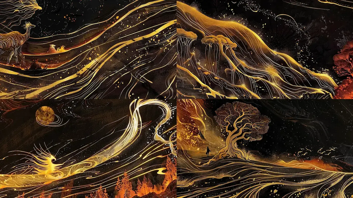 Dynamic Motion with Ethereal Elements and Cosmic Influences - Midjourney sref style