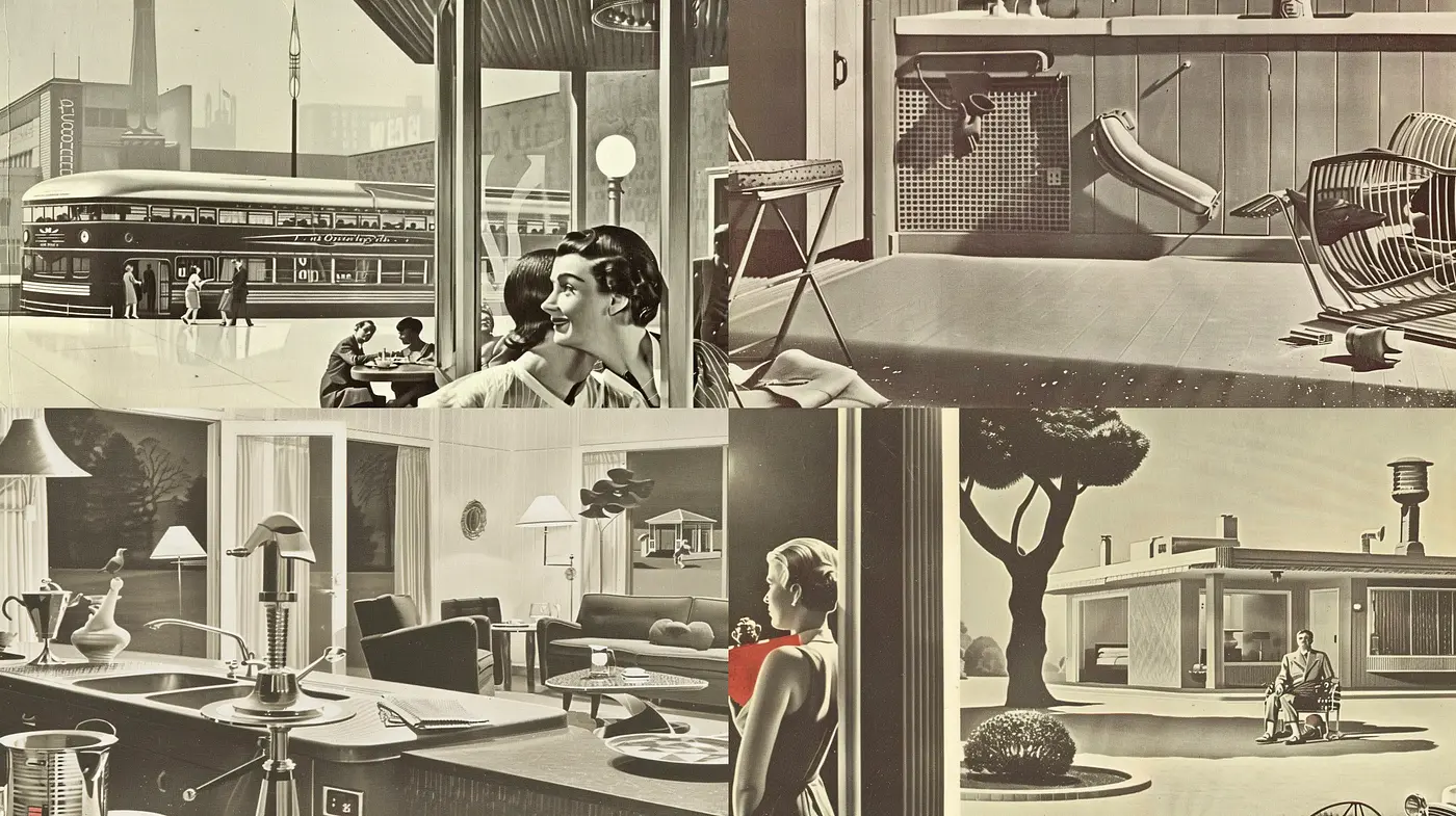 Retrofuturistic Sepia-Toned Visions of Mid-Century Modern Life - Midjourney sref style