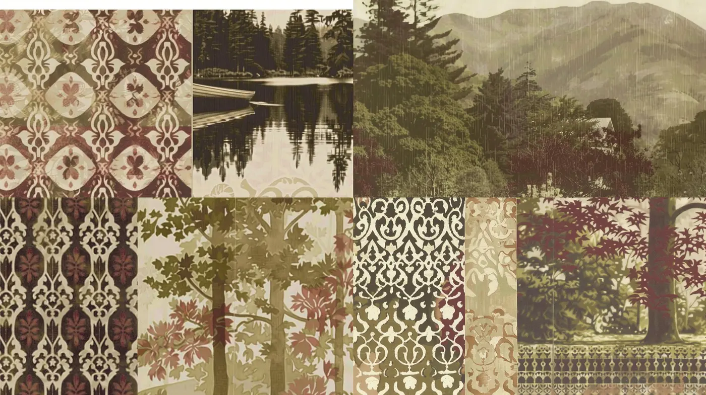 Sepia-Toned Pastoral and Ornamental Motifs in Textured Environments - Midjourney sref style