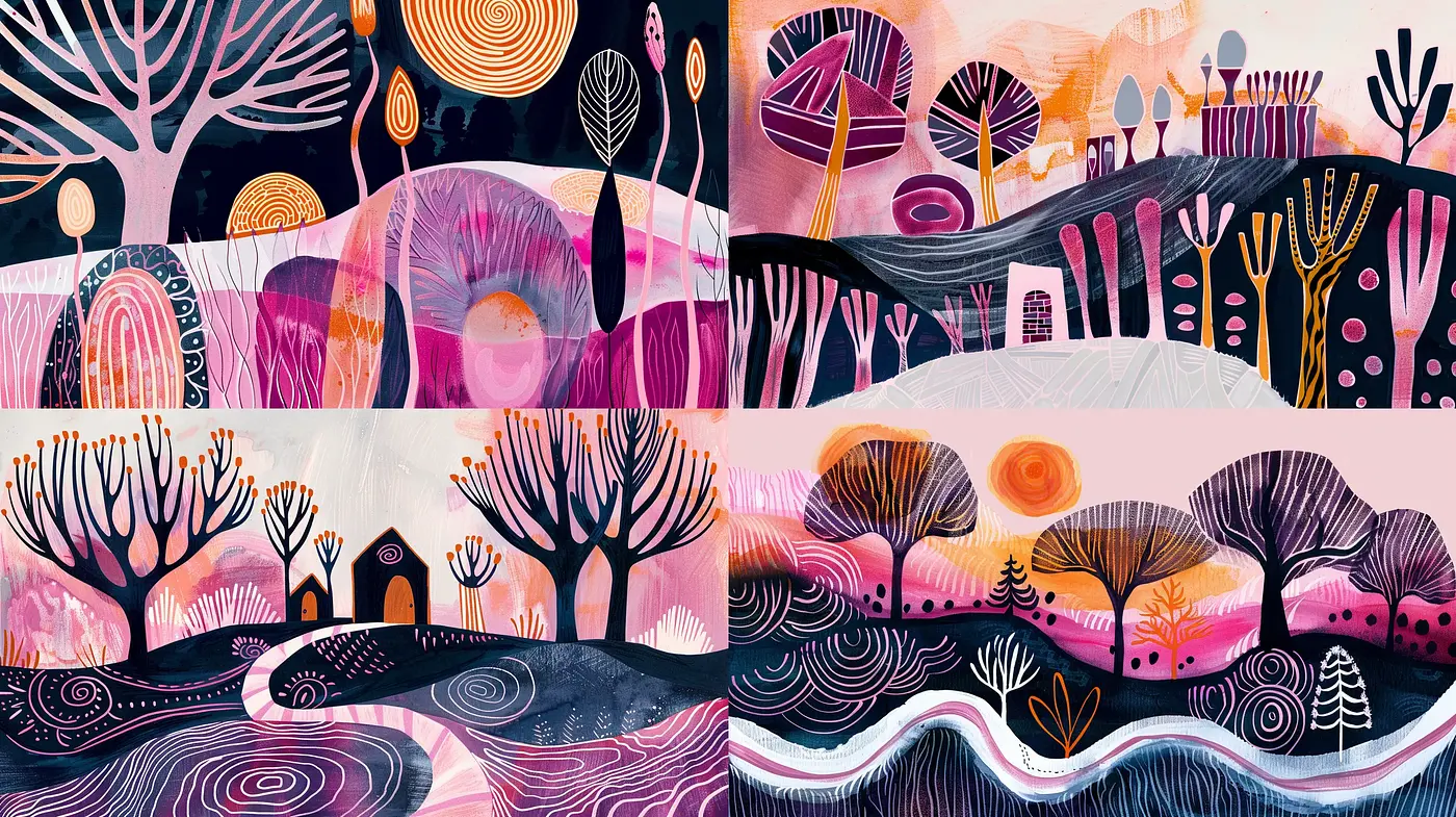 Whimsical Twilight: An Enchanted Stylization of Nature with Luminous Hues - Midjourney sref style
