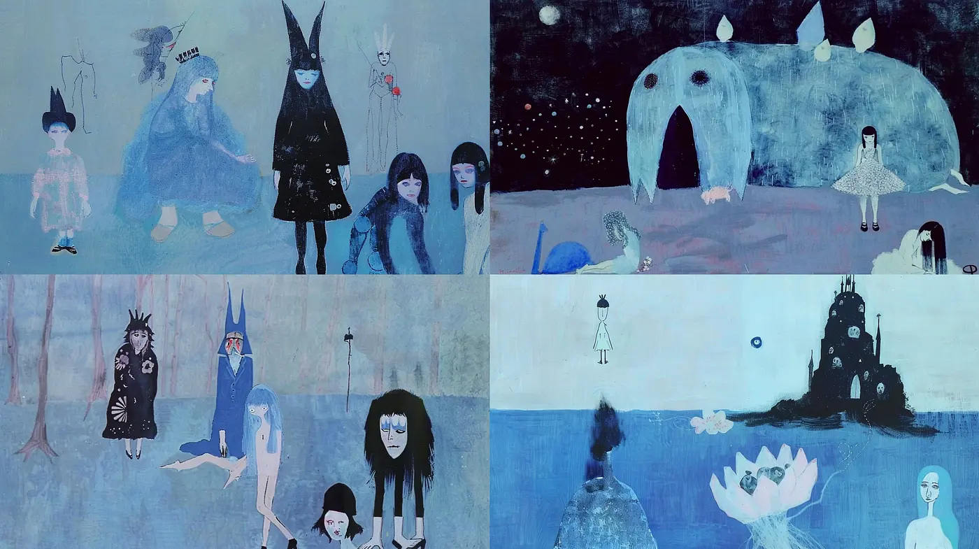 Ethereal Blue Dreamscape: A Fusion of Surreal Narratives and Melancholic Hues - Midjourney sref style
