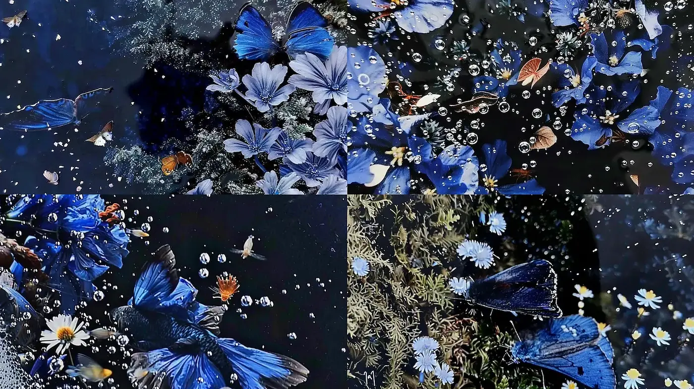 Whimsical Nature Montage with Ethereal Blue Accents and Delicate Textures - Midjourney sref style