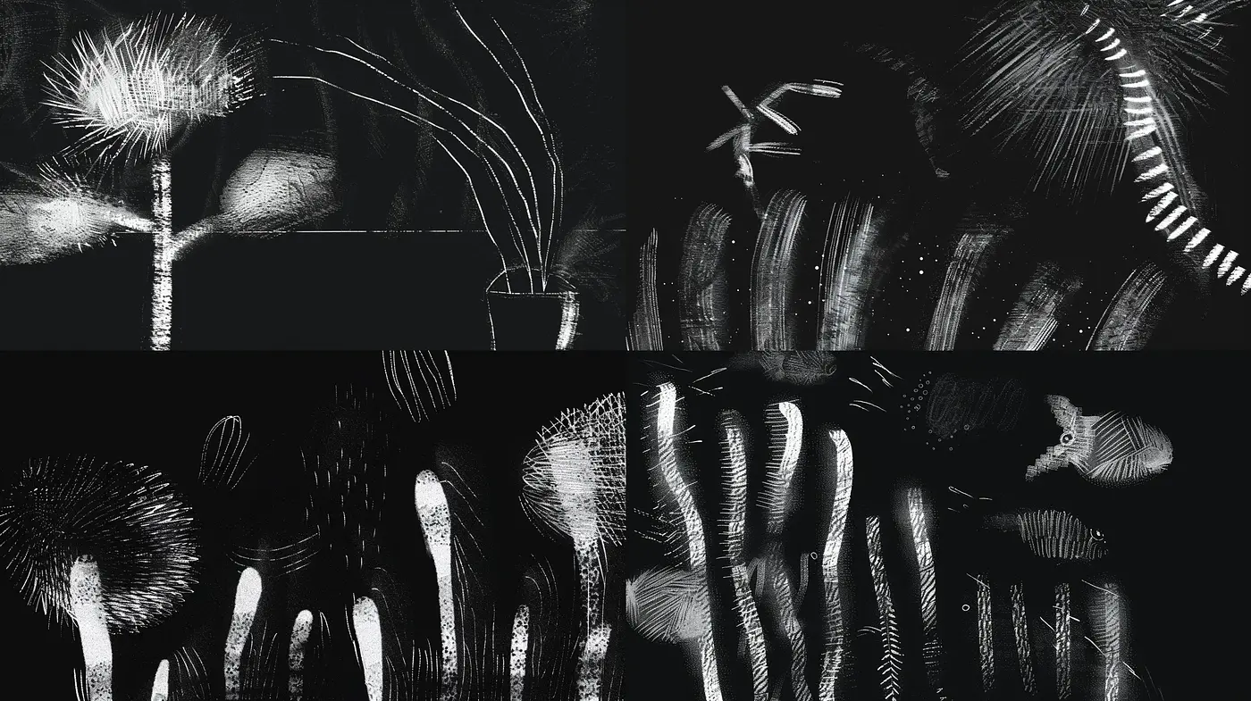 Monochromatic Textured Abstraction with Dynamic Brushwork - Midjourney sref style