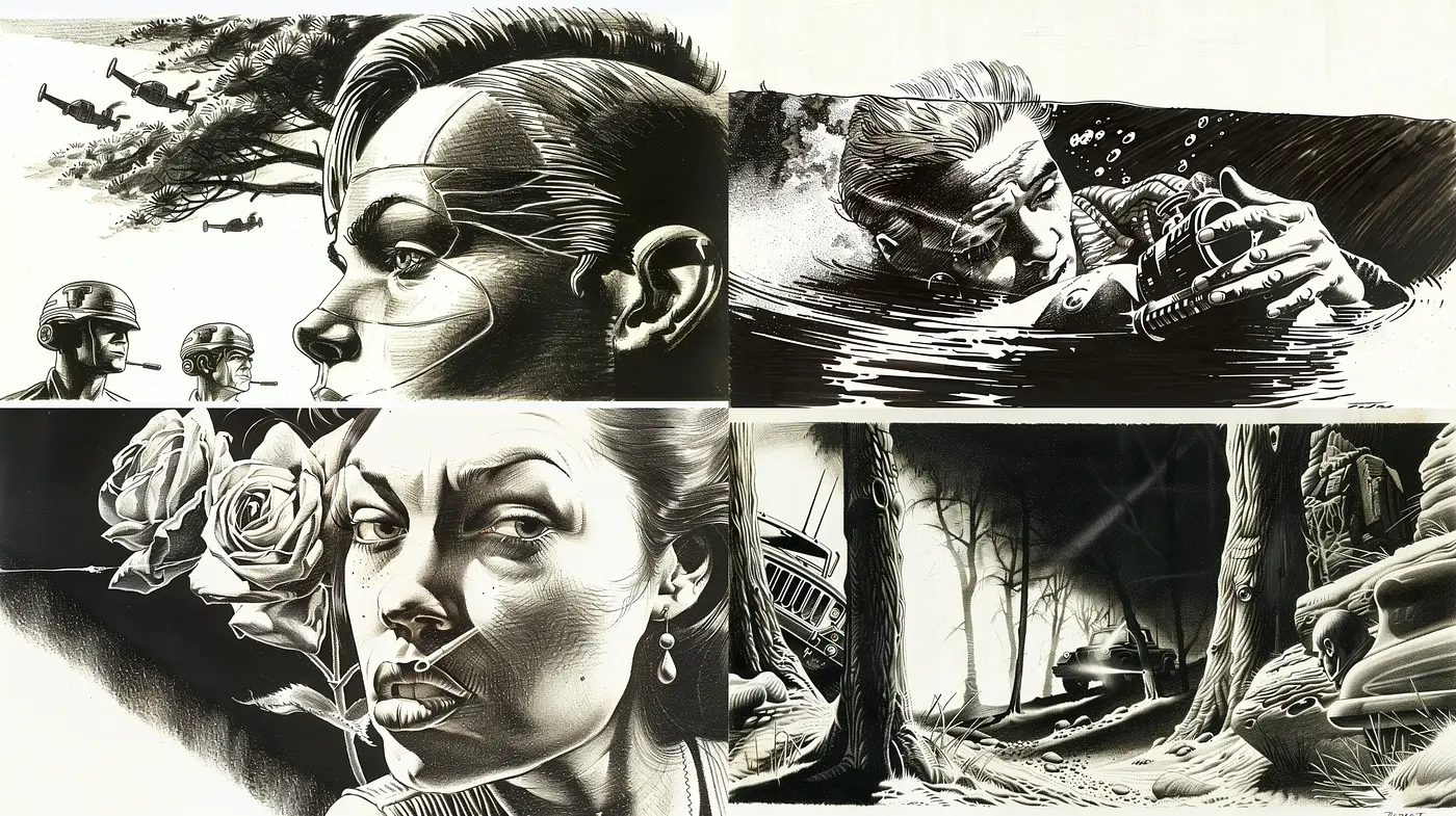 Monochromatic Nostalgic Narratives with a Noir Essence - Midjourney sref style