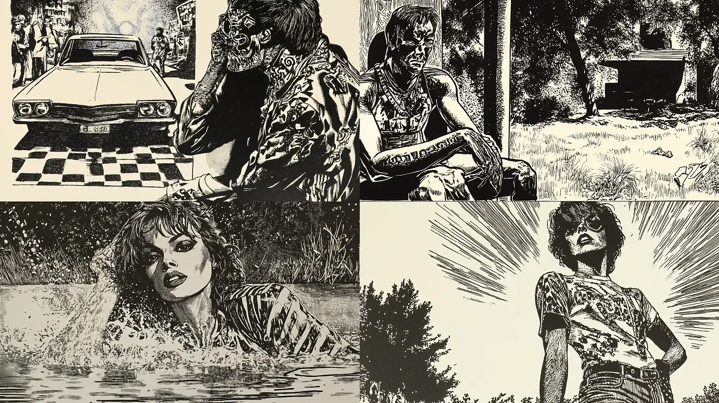 Monochromatic Ink Wash Nostalgia in Contemporary Graphic Novel Style - Midjourney sref style