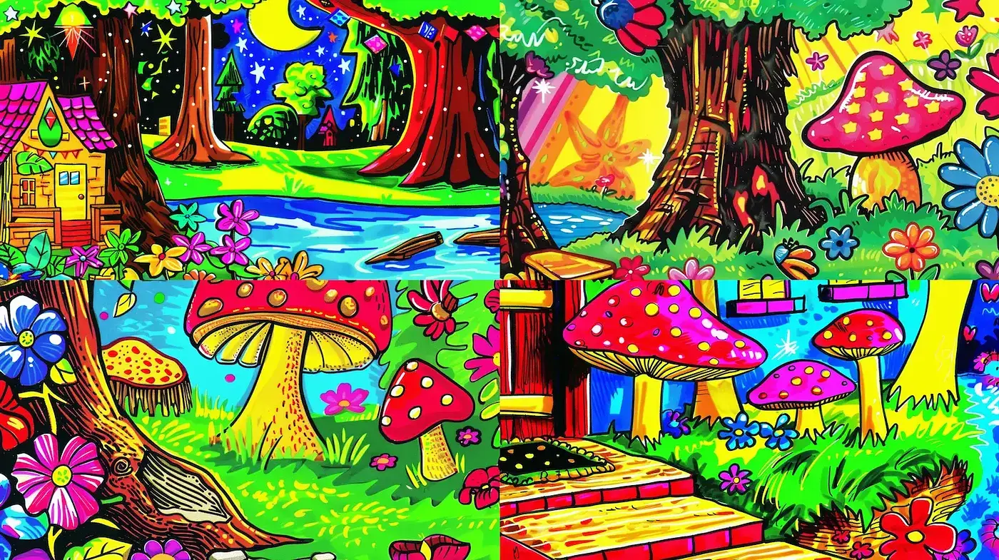 Vibrantly Whimsical Forest Scenes with Lively Colors and Playful Elements - Midjourney sref style