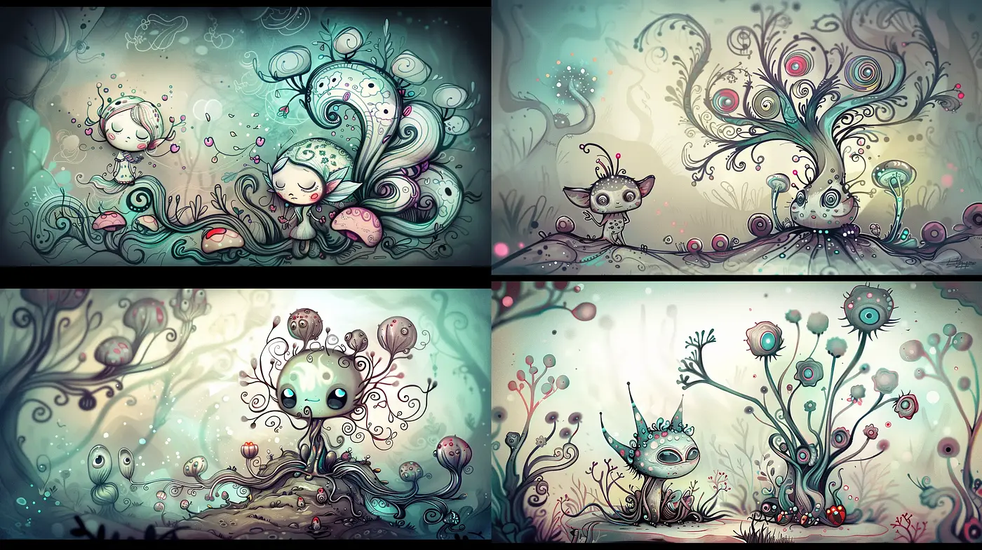 Enchanting Whimsical Fantasy with a Surreal Storybook Essence - Midjourney sref style