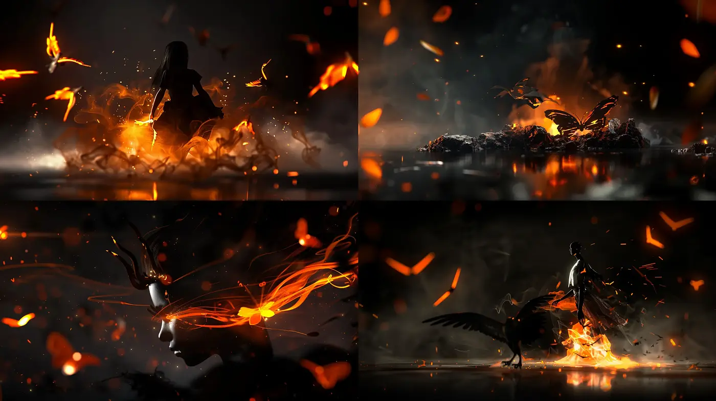 Ephemeral Ember Cinema: A Dance of Flames and Shadows - Midjourney sref style