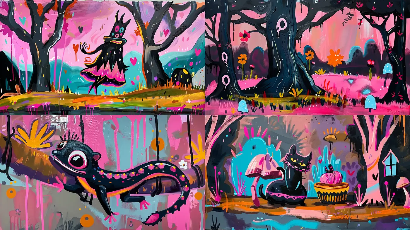 Whimsical Enchanted Forest in Vivid Dreamlike Hues - Midjourney sref style