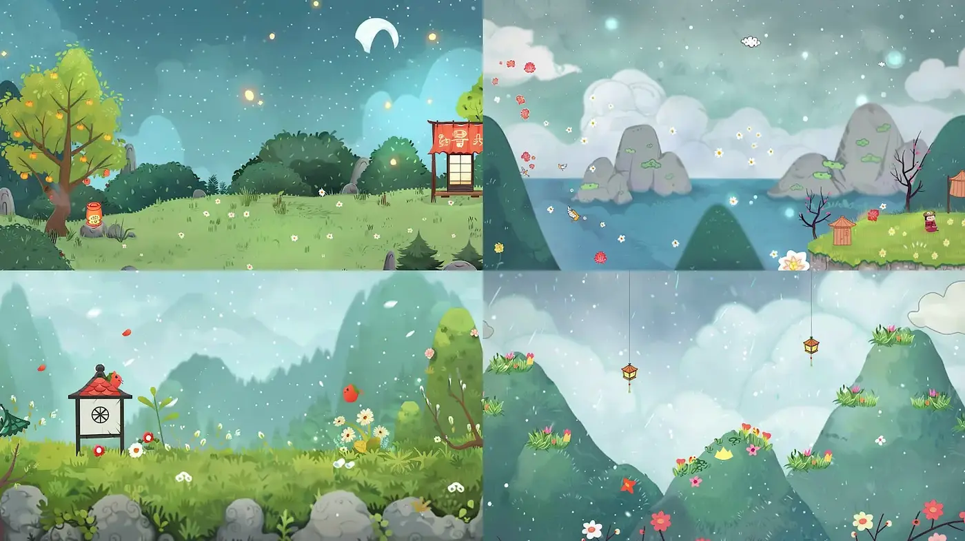 Whimsical and serene landscape with enchanting charm - Midjourney sref style