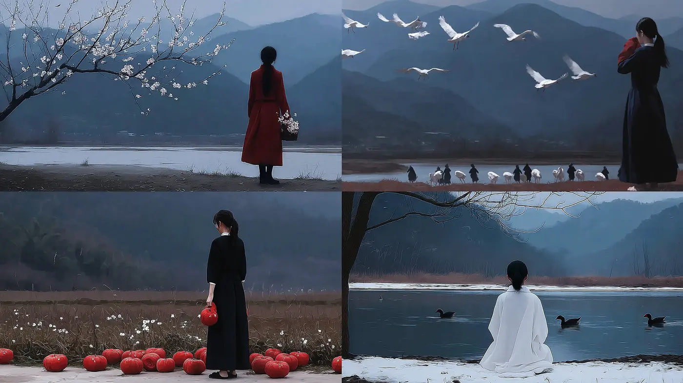 Ethereal landscape compositions with a contemplative mood and a blend of cultural influences - Midjourney sref style