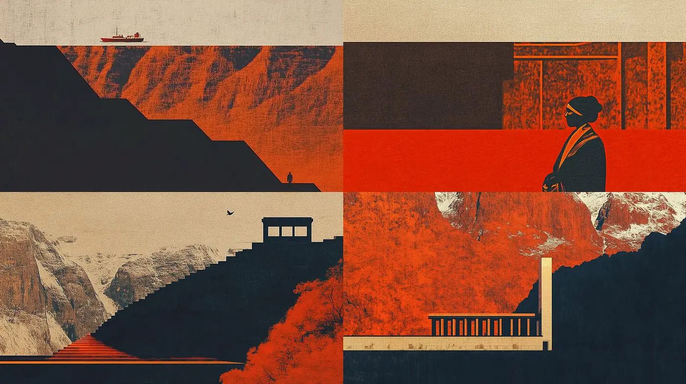 Stark Contrast and Textural Harmony in Vermillion and Ebony - Midjourney sref style