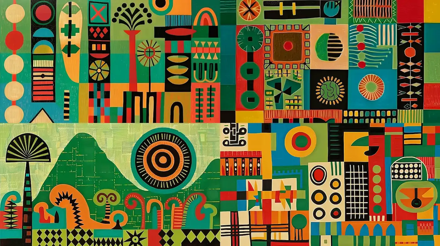 Vibrant Geometric Composition with Retro Influences - Midjourney sref style