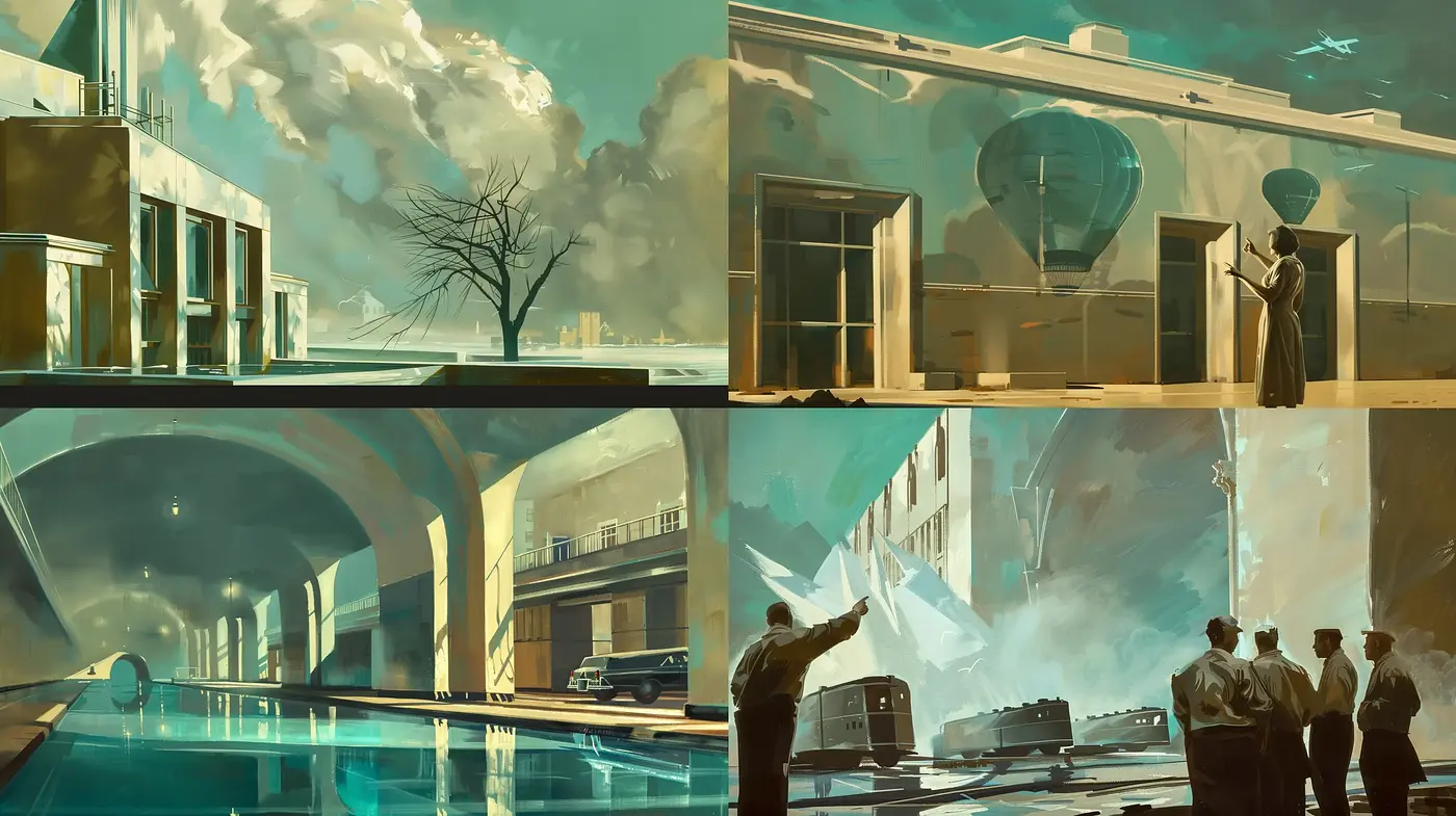 Serene Retro-Futuristic Vistas with a Cinematic Quality - Midjourney sref style