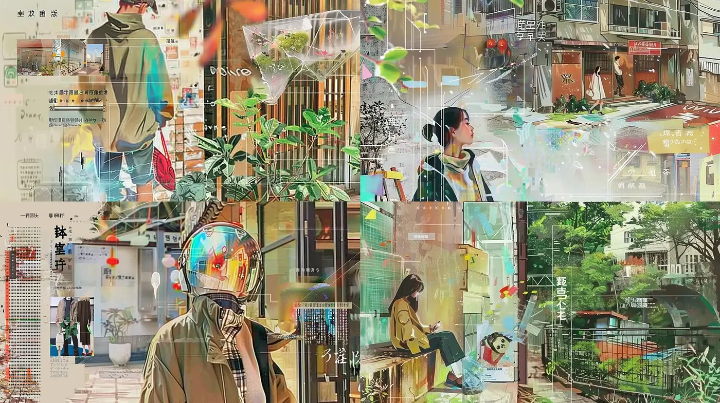 Dappled Sunlight in Urban Serenity: A Contemporary Mosaic of Daily Life - Midjourney sref style