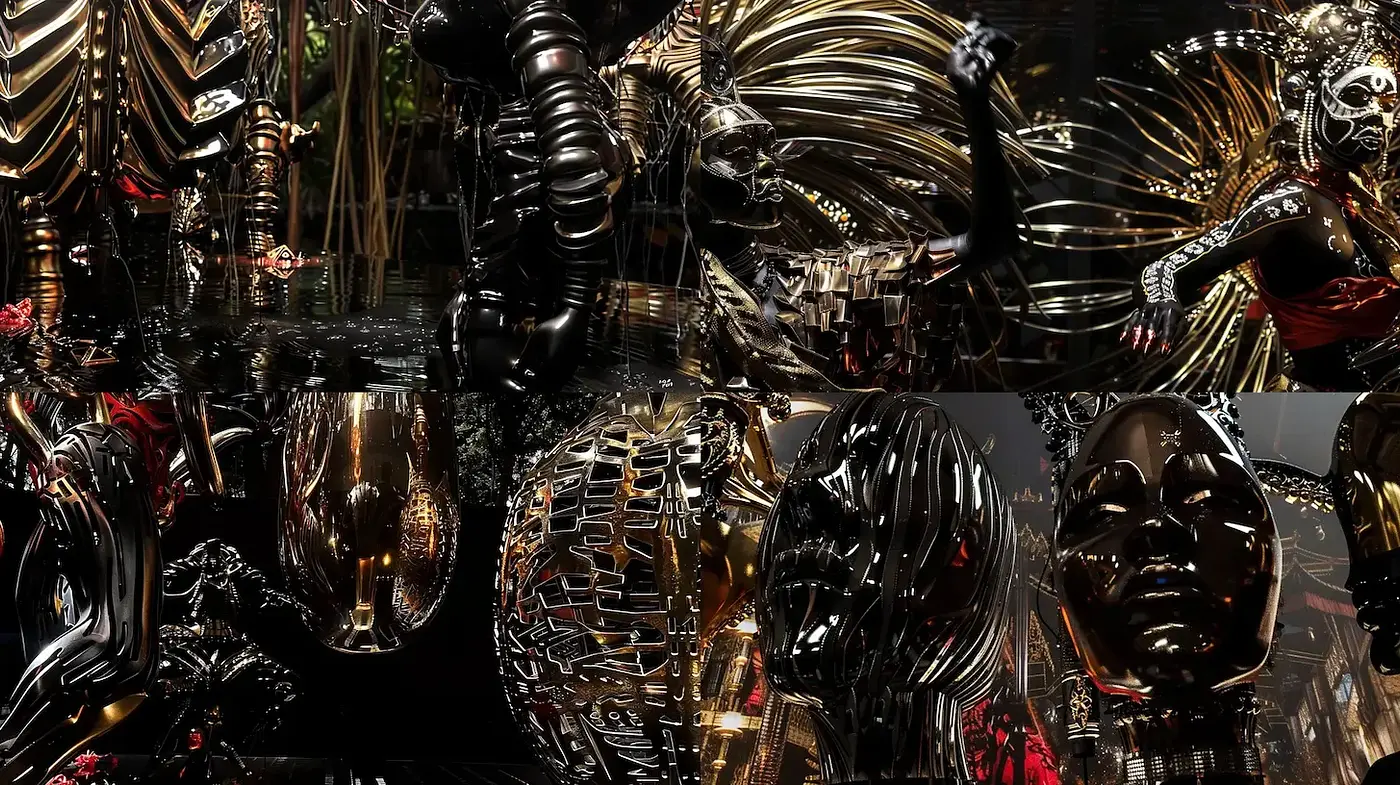Futuristic baroque with glossy metallic accents - Midjourney sref style