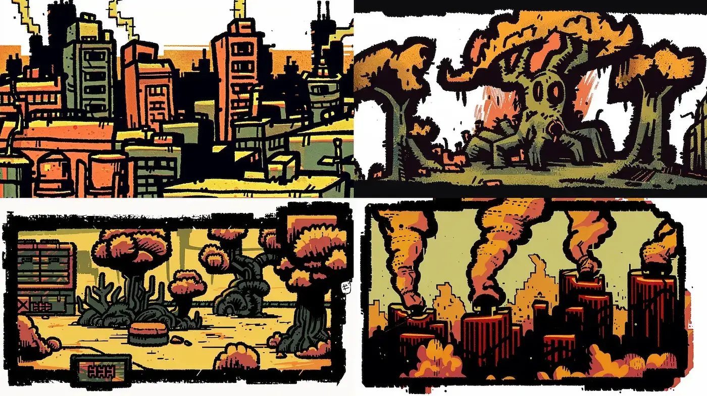 Dynamic Urban Landscapes with a Retro Cartoon Style - Midjourney sref style