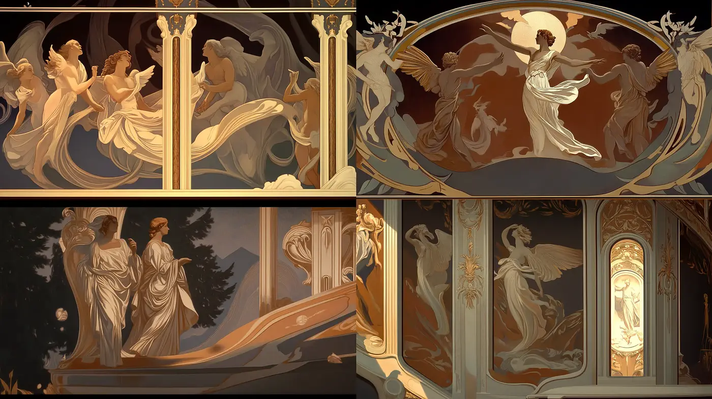 Ethereal Neoclassical Revival with Art Nouveau Overtones - Midjourney sref style