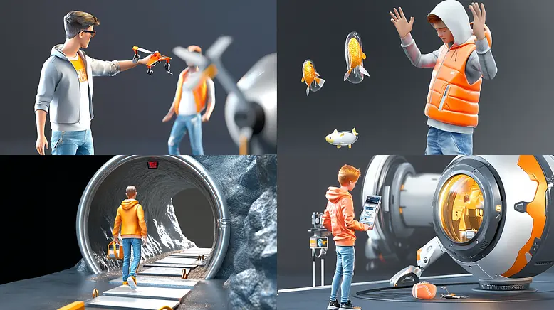 Futuristic Exploration with Playful Character Design and Dynamic Composition