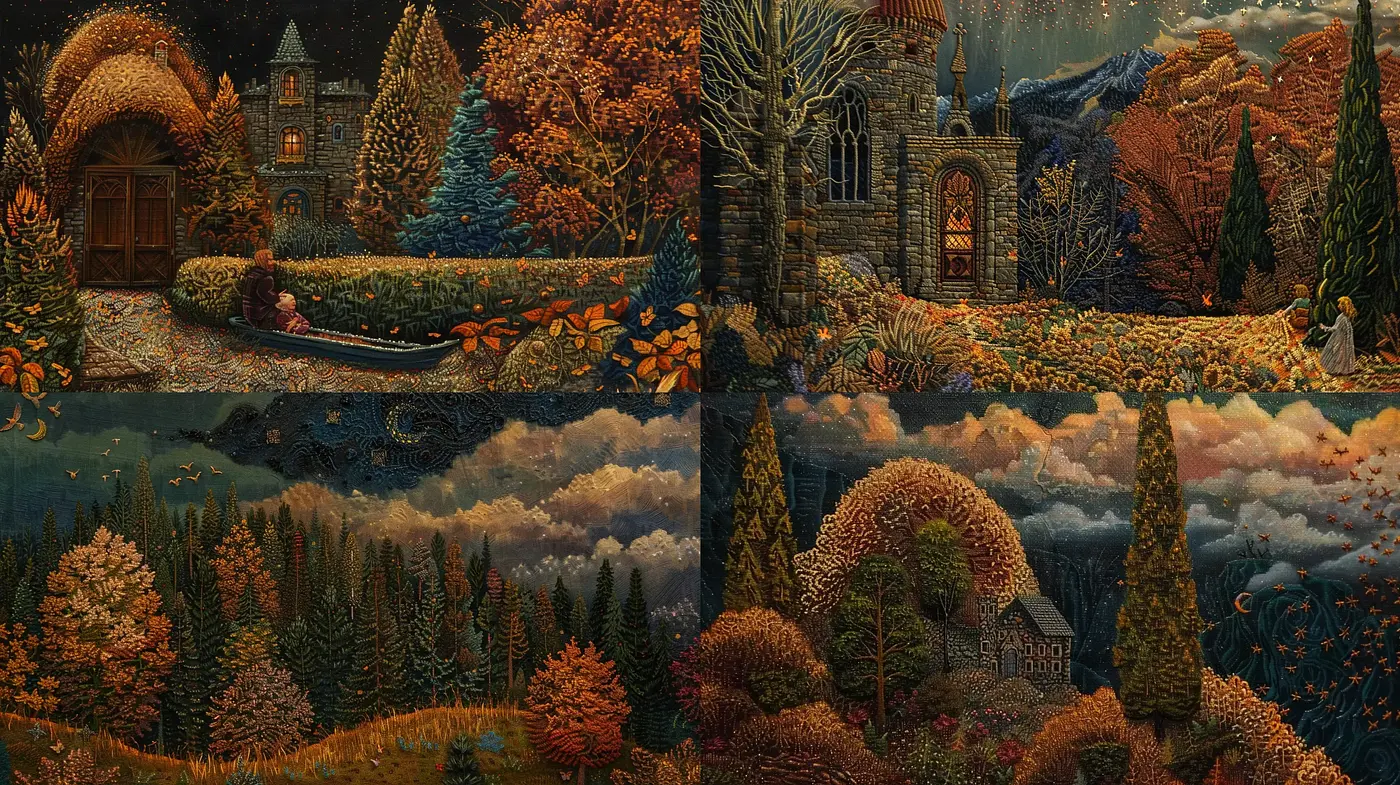 Enchanted Autumn Twilight: A Tapestry of Warm Hues and Fantastical Landscapes - Midjourney sref style